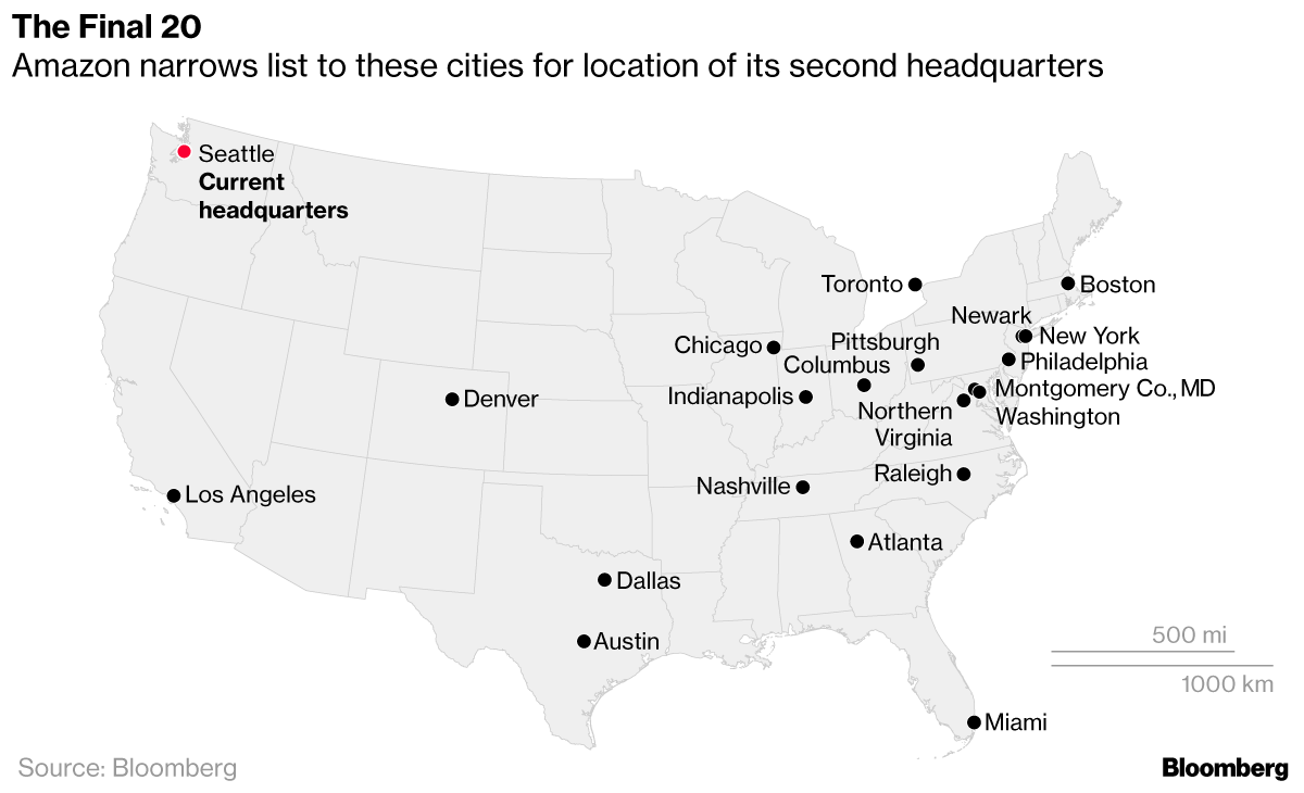 アマゾンが発表した第2本社の最終候補20都市（ブルームバーグ）