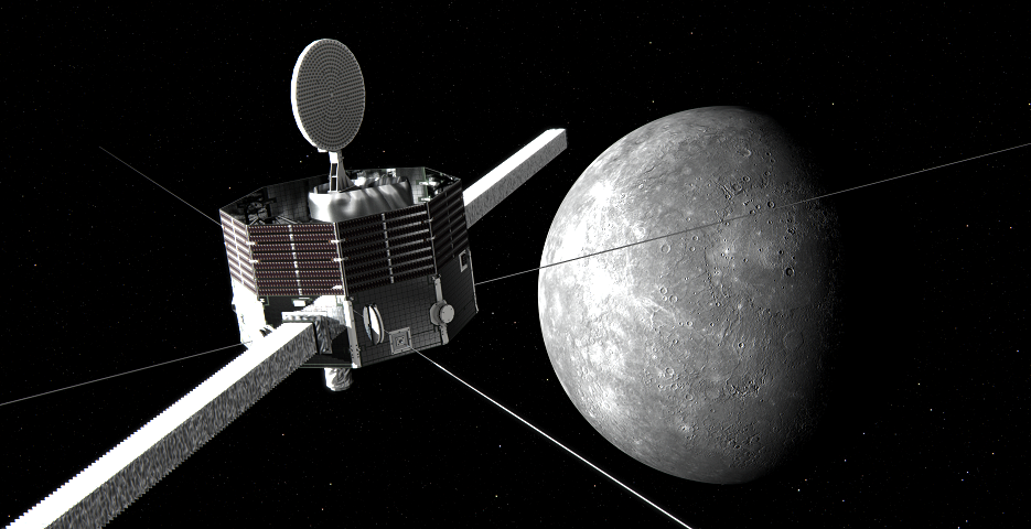 水星磁気圏探査機（MMO）と水星（JAXA提供）
