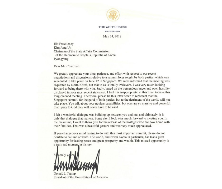 トランプ米大統領が北朝鮮の金正恩朝鮮労働党委員長に首脳会談見送りの意向を伝えた24日付の書簡（EPA・時事）
